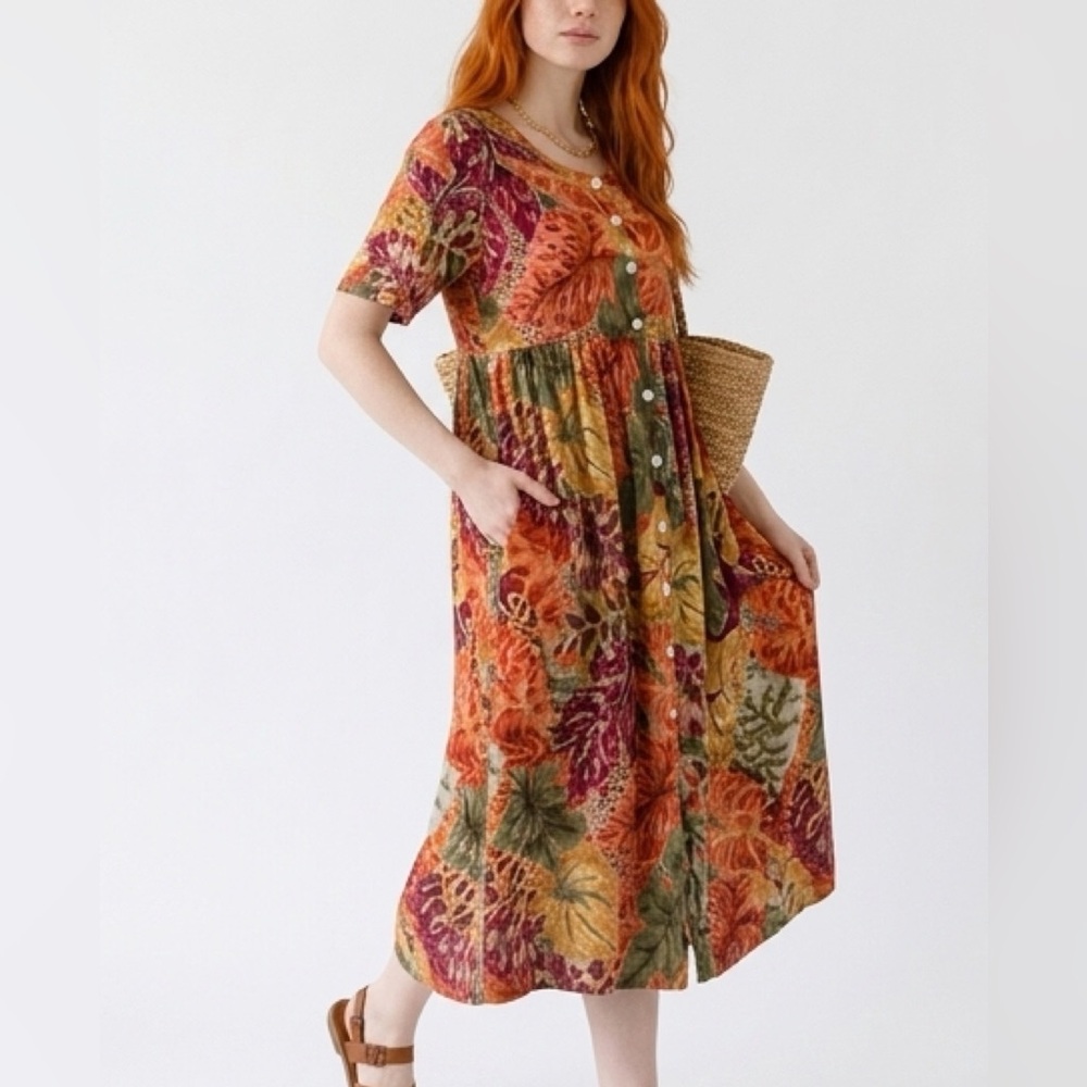 LaCera Medium BOHO Artsy Leaf Extravaganza Lux Lounger Dress